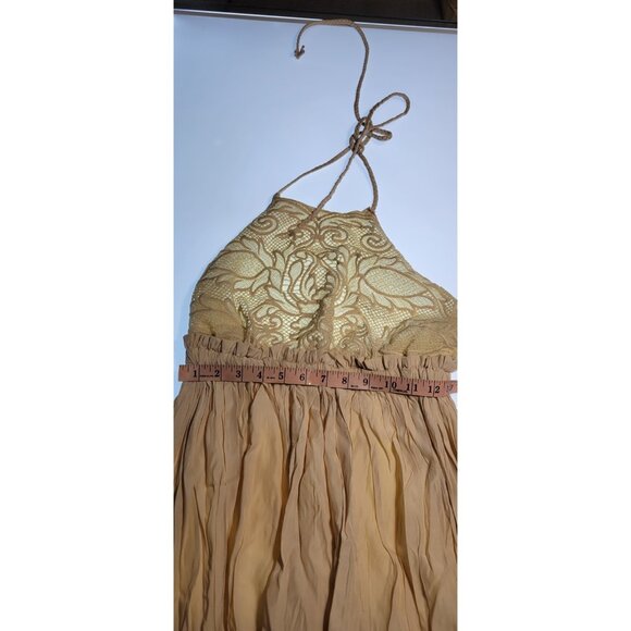Moon River S Boho Halter Crochet Lace Linen Halter Neck  Backless Dress Beige - Picture 8 of 10